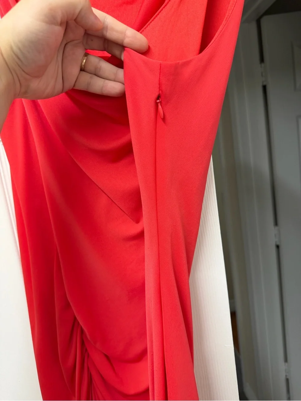 Halston Heritage Cowl Neck Ruched Dress Poppy Red Coral Size M